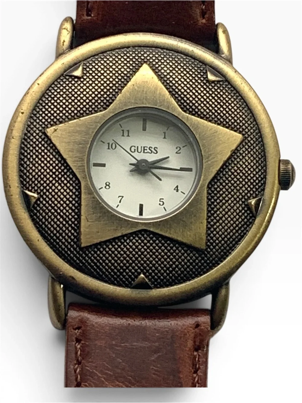 GUESS Brown Leather Strap Watch with Bronze Star Accent, Unisex